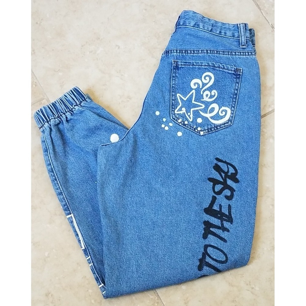 SONG Graffiti High Rise Denim Jogger‎ Pants Women Size 9/29  Blue Jeans